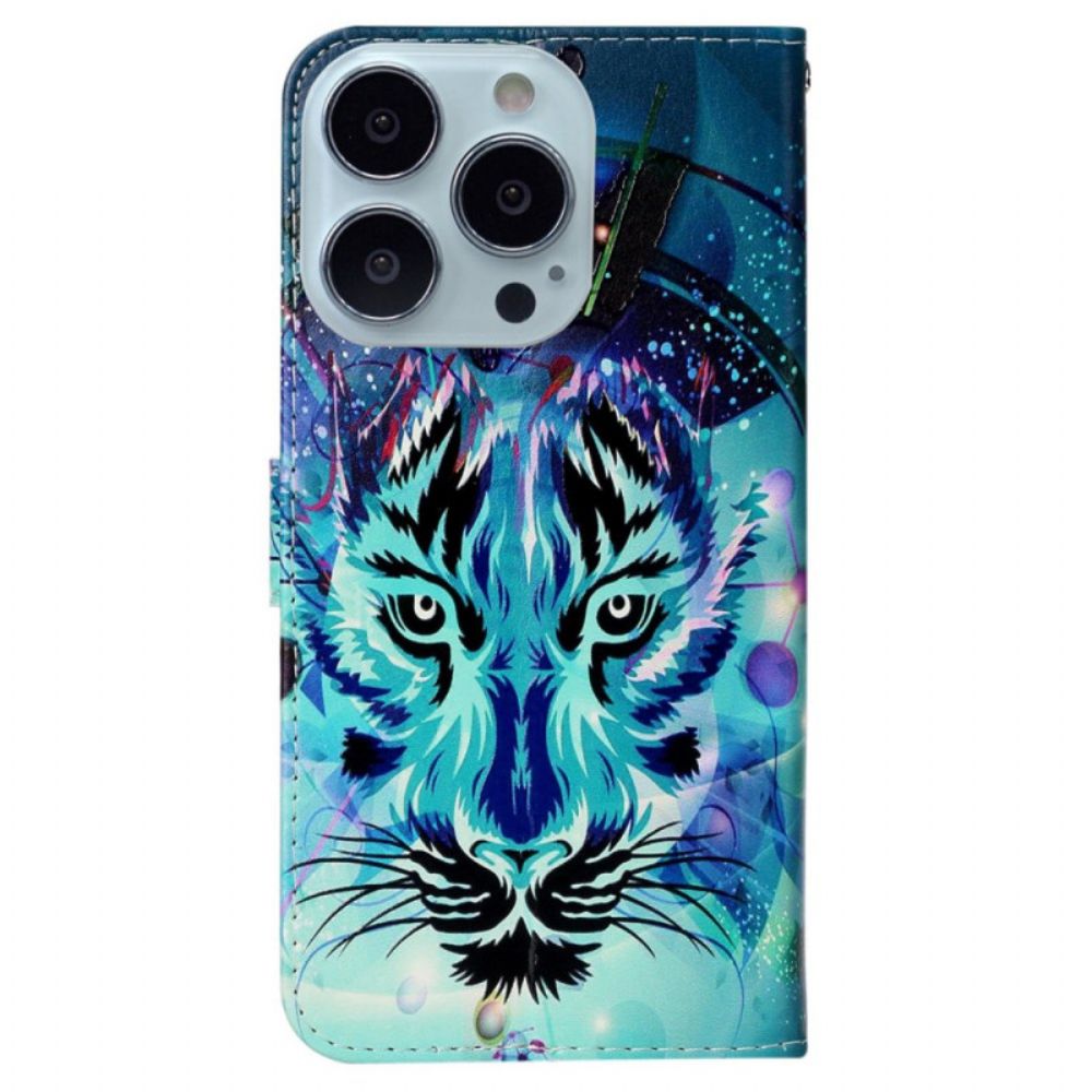 Folio-hoesje iPhone 16 Pro Telefoonhoesje Wolfpatroon Met Riem