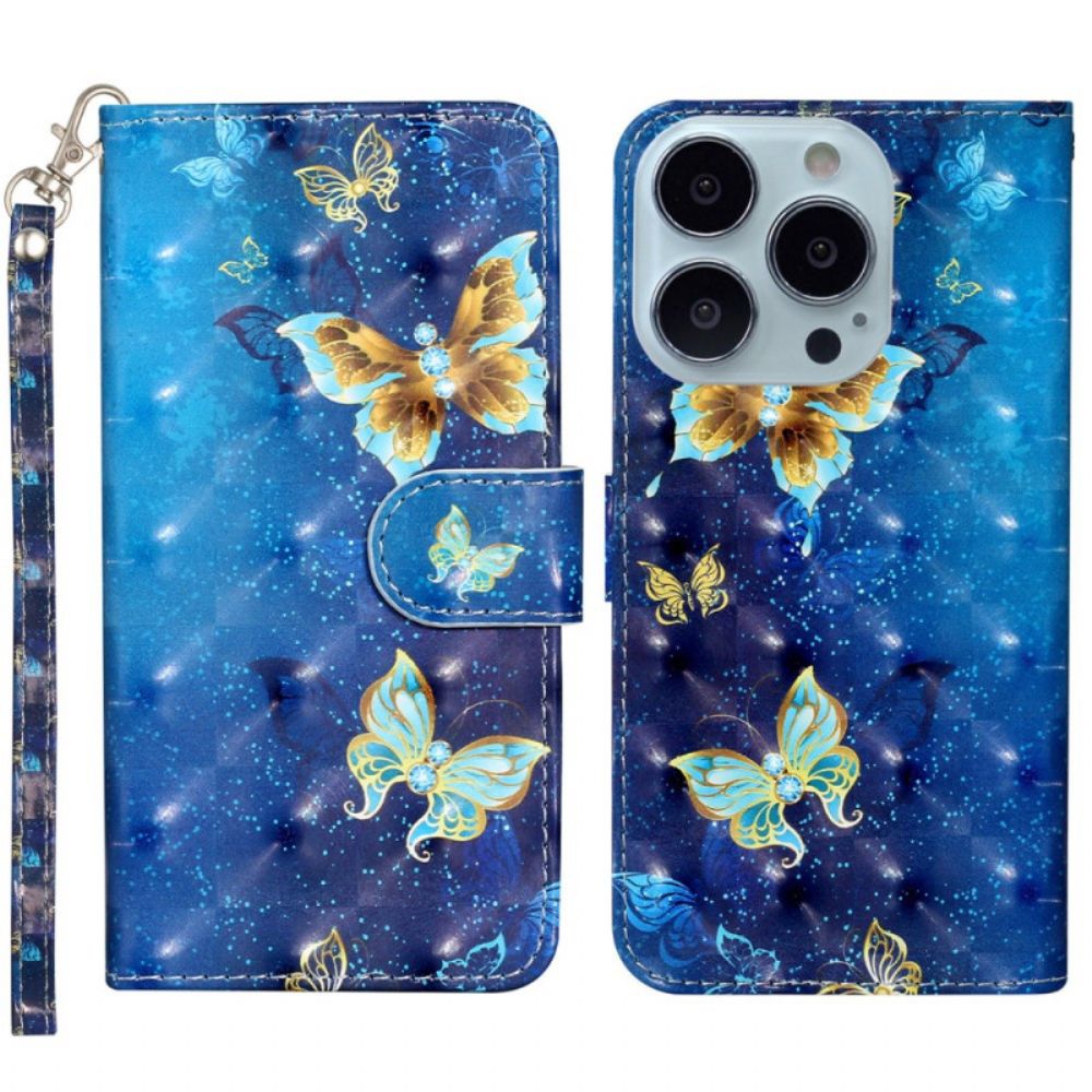 Leren Hoesje iPhone 16 Pro Blauwe En Gouden Vlinders Met Riem Bescherming Hoesje