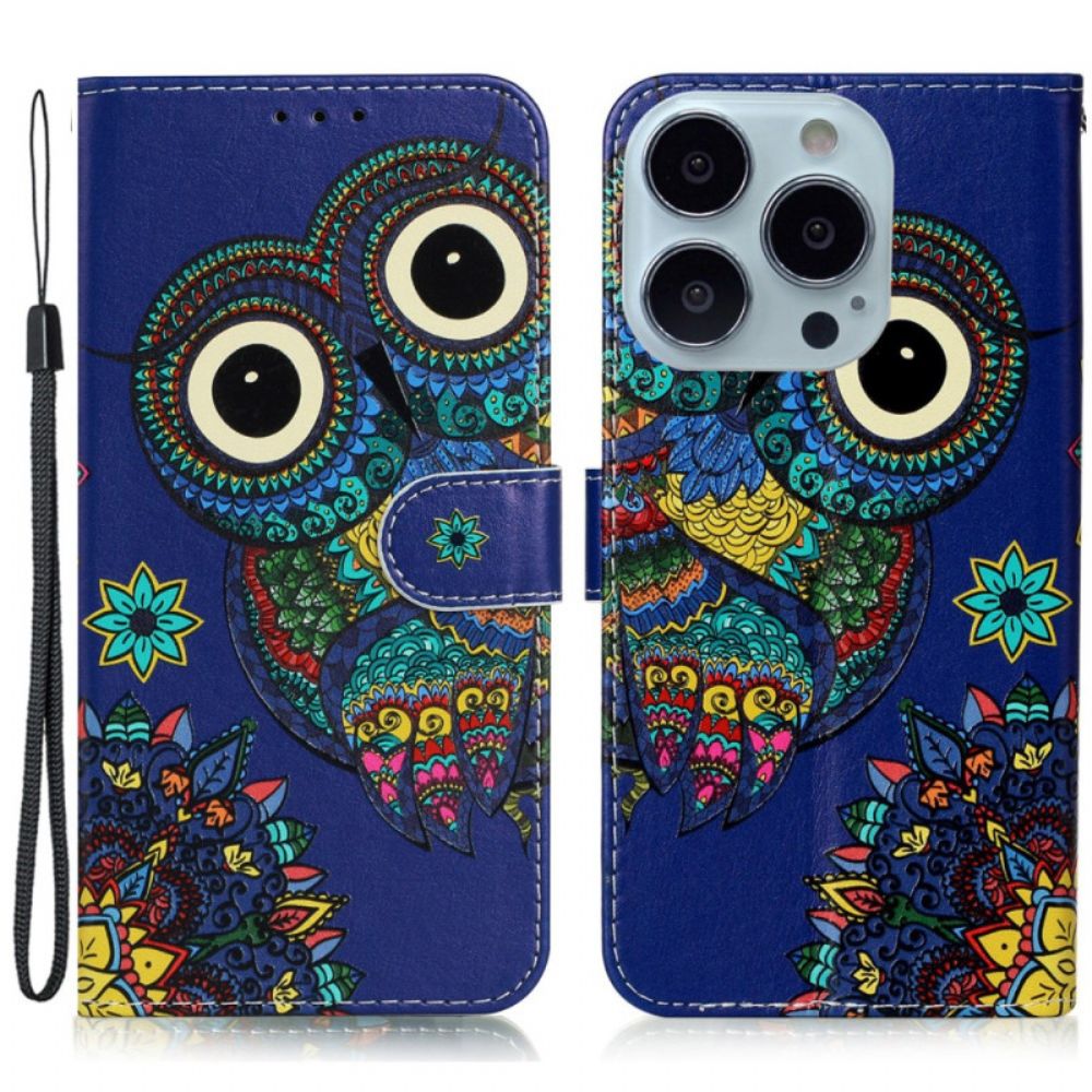 Leren Hoesje iPhone 16 Pro Blauwe Uil Met Riem Bescherming Hoesje