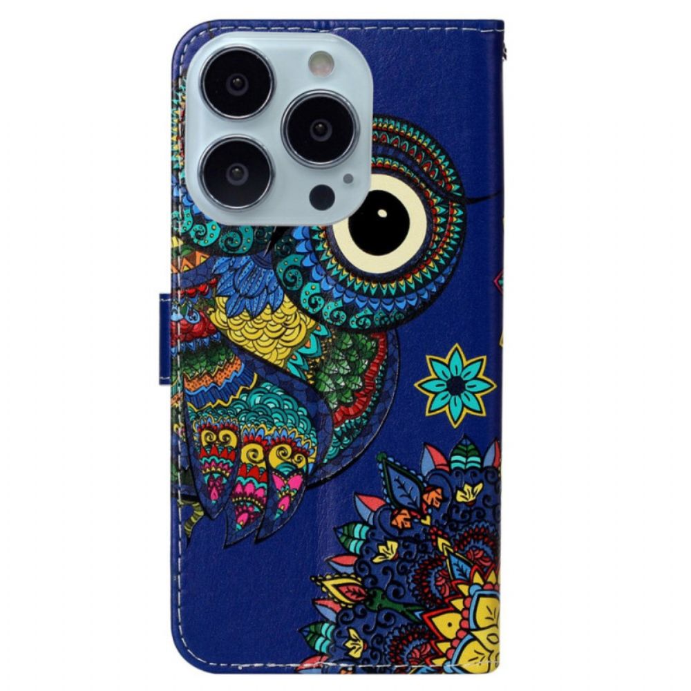 Leren Hoesje iPhone 16 Pro Blauwe Uil Met Riem Bescherming Hoesje