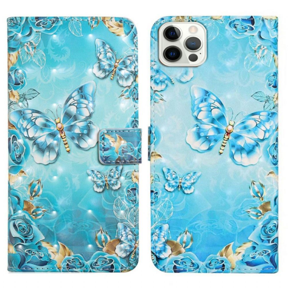 Leren Hoesje iPhone 16 Pro Blauwe Vlinders Bescherming Hoesje