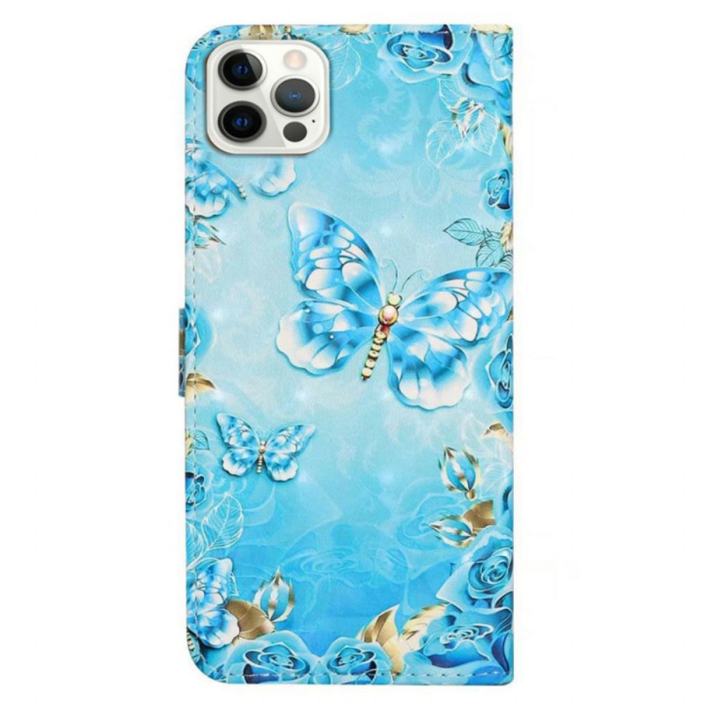 Leren Hoesje iPhone 16 Pro Blauwe Vlinders Bescherming Hoesje