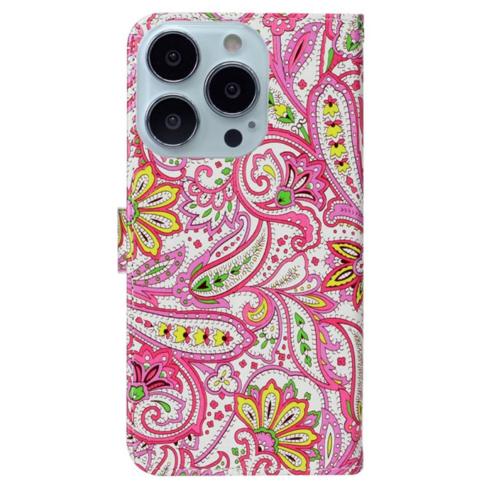 Leren Hoesje iPhone 16 Pro Bloemenprint Met Bandjes Bescherming Hoesje