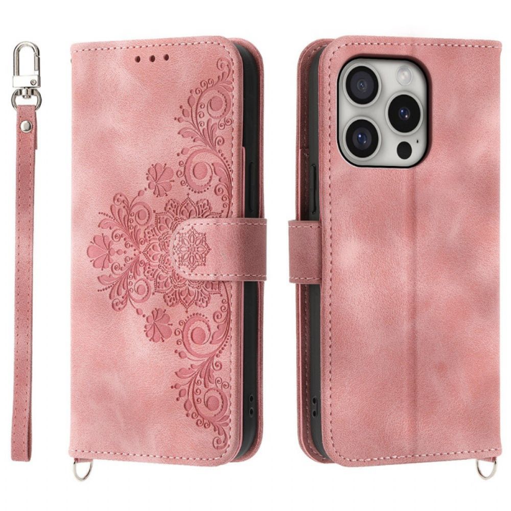 Leren Hoesje iPhone 16 Pro Kantpatroon Met Band En Schouderband Bescherming Hoesje