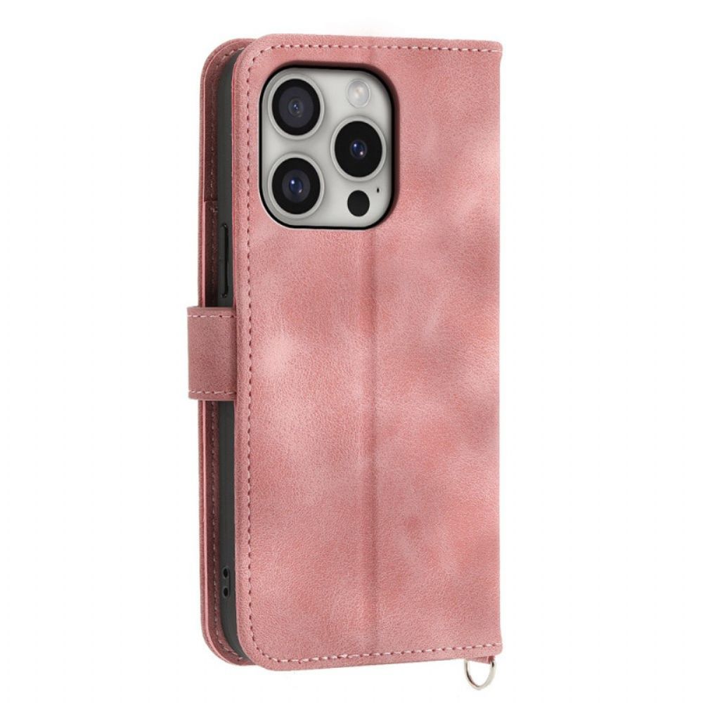 Leren Hoesje iPhone 16 Pro Kantpatroon Met Band En Schouderband Bescherming Hoesje