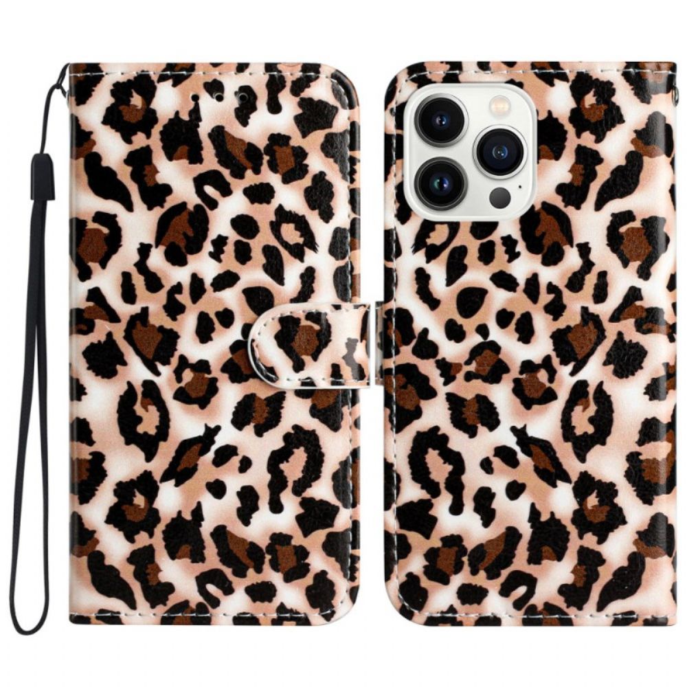 Leren Hoesje iPhone 16 Pro Luipaardpatroon Met Riempje Bescherming Hoesje