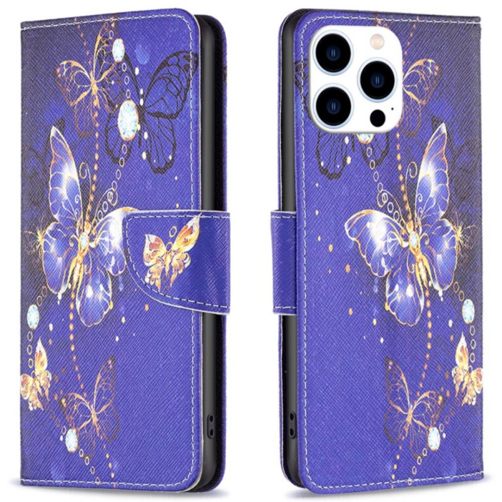 Leren Hoesje iPhone 16 Pro Paarse Vlinders Bescherming Hoesje