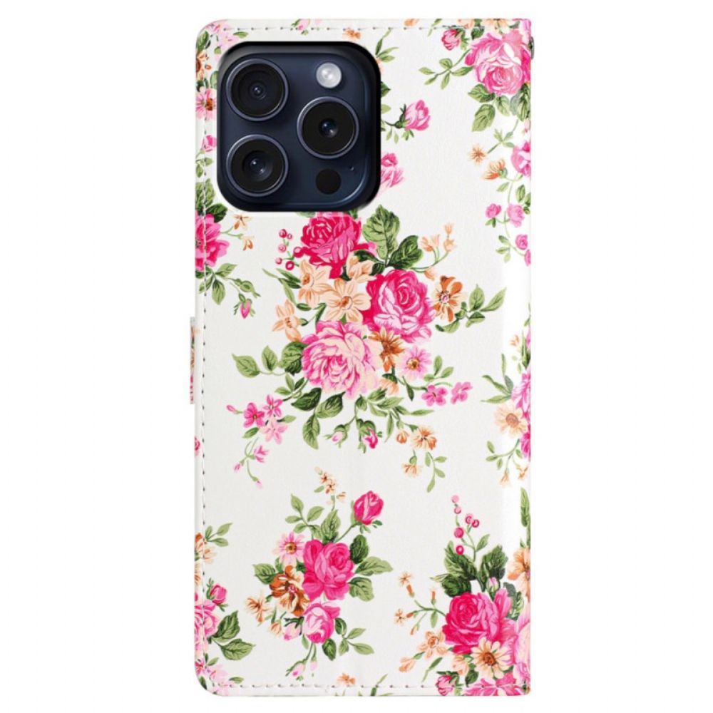 Leren Hoesje iPhone 16 Pro Rode Bloemen Met Riem