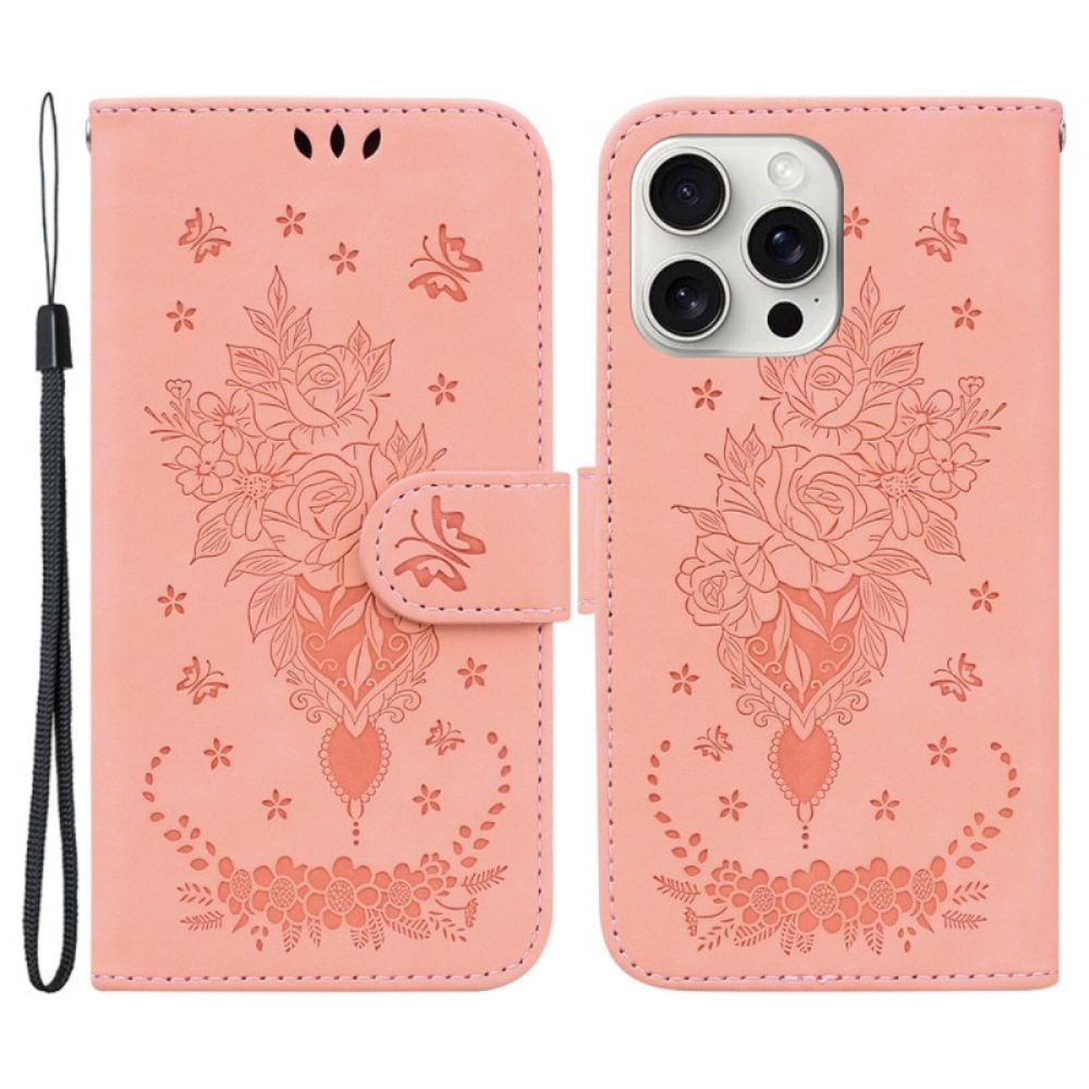 Leren Hoesje iPhone 16 Pro Rozenpatroon Met Bandje Bescherming Hoesje