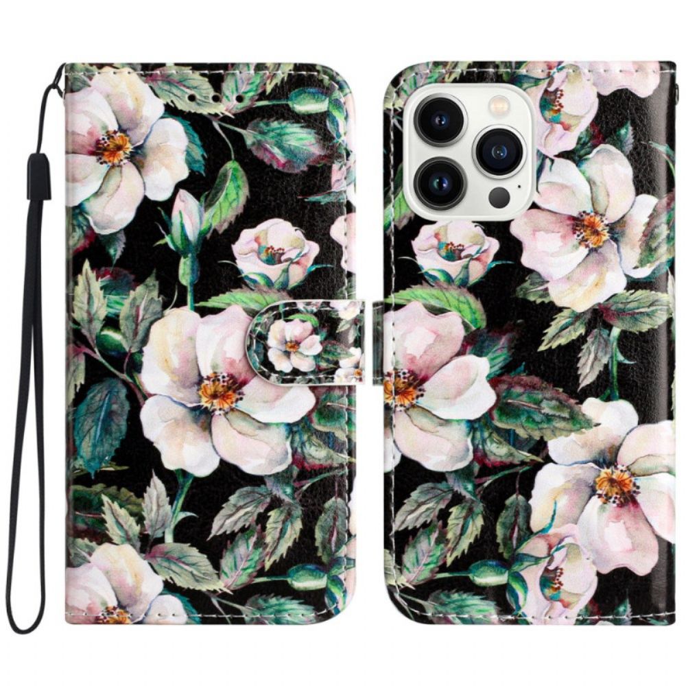 Leren Hoesje iPhone 16 Pro Strap Magnolia's Bescherming Hoesje