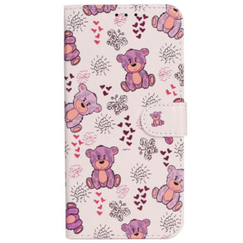 Leren Hoesje iPhone 16 Pro Teddybeerpatroon Met Riempje Bescherming Hoesje