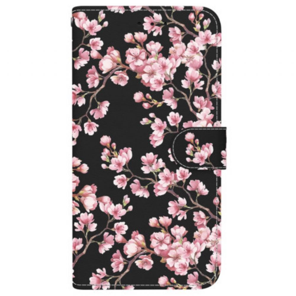 Leren Hoesje iPhone 16 Pro Vastgebonden Pruimenbloesems Bescherming Hoesje