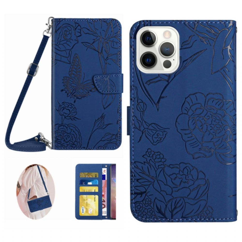 Leren Hoesje iPhone 16 Pro Vlinderprint Met Schouderband Bescherming Hoesje