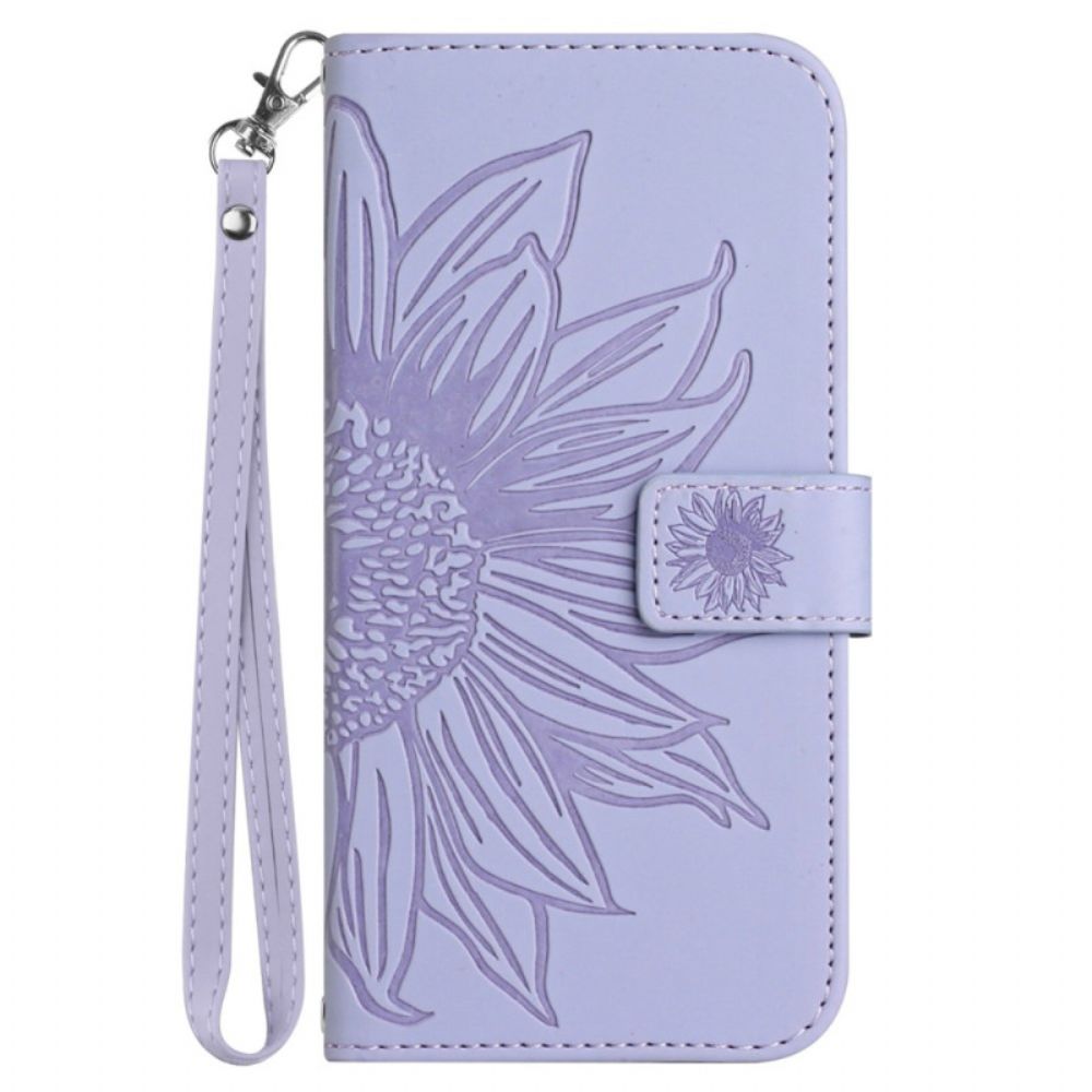 Leren Hoesje iPhone 16 Pro Zonnebloemprint Met Riempje Bescherming Hoesje