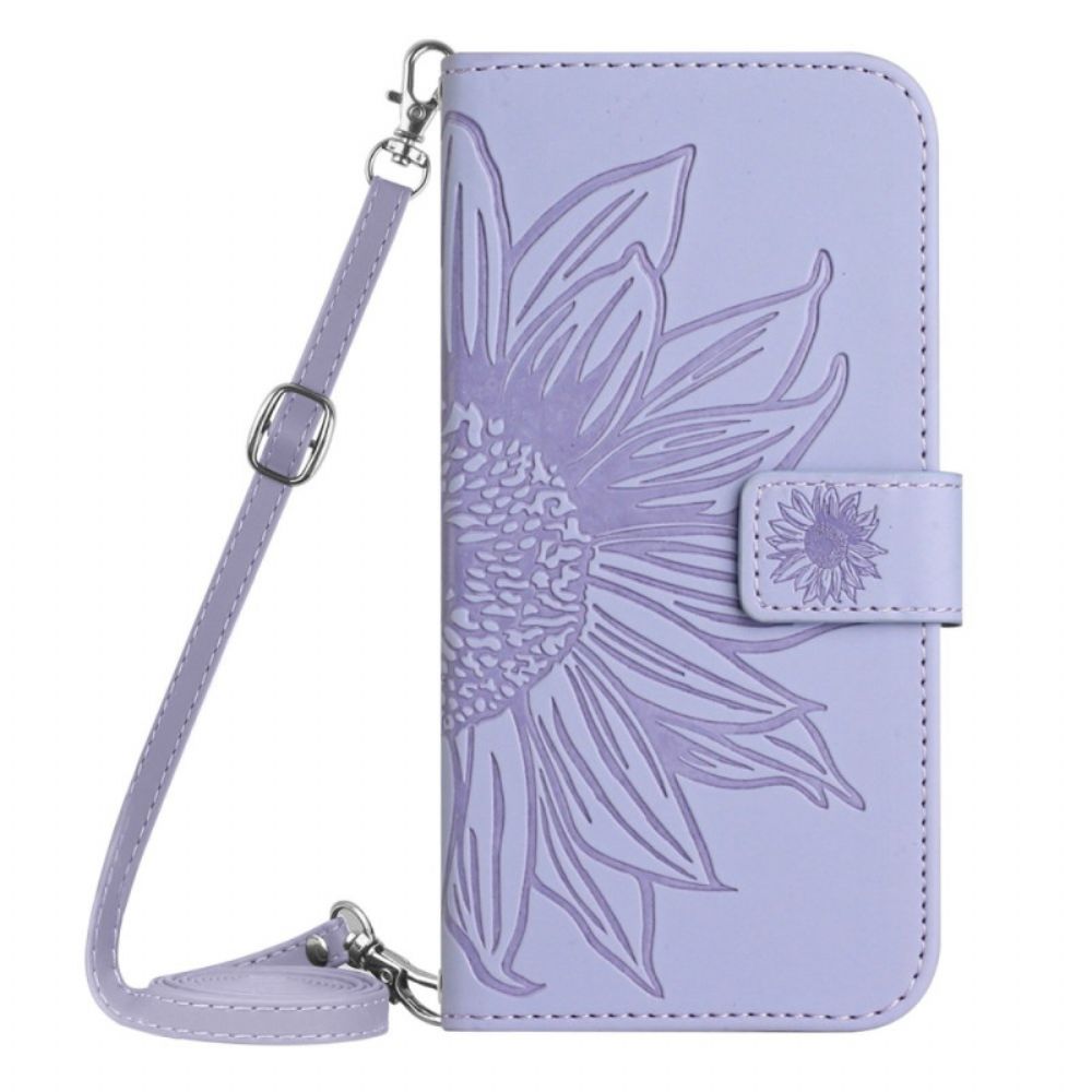 Leren Hoesje iPhone 16 Pro Zonnebloemprint Met Schouderband Bescherming Hoesje