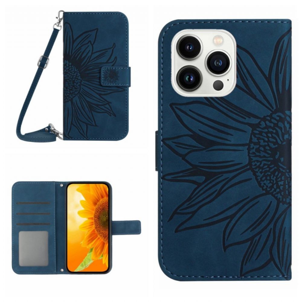 Leren Hoesje iPhone 16 Pro Zonnebloemprint Met Schouderband Bescherming Hoesje