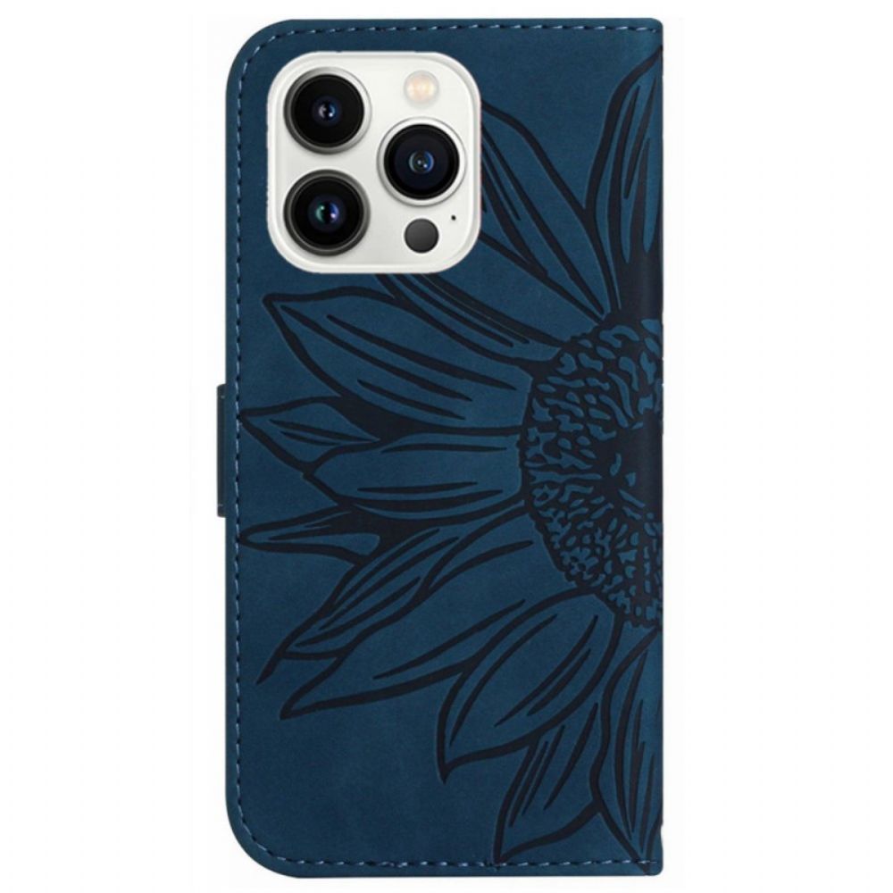 Leren Hoesje iPhone 16 Pro Zonnebloemprint Met Schouderband Bescherming Hoesje