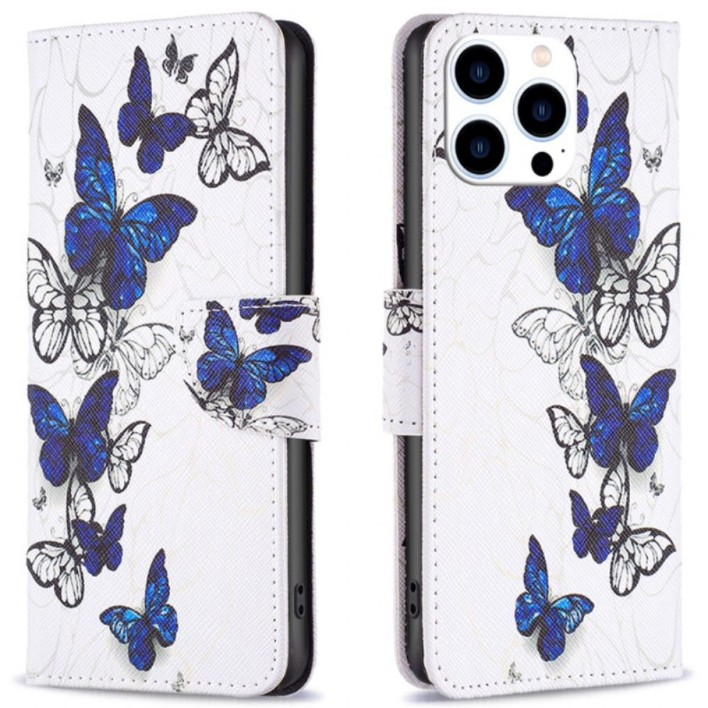 Leren Hoesje Voor iPhone 16 Pro Blauwe Vlinders Print