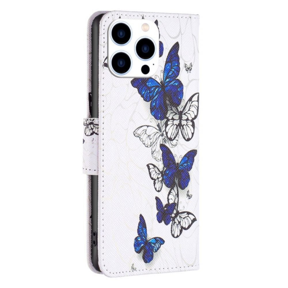 Leren Hoesje Voor iPhone 16 Pro Blauwe Vlinders Print