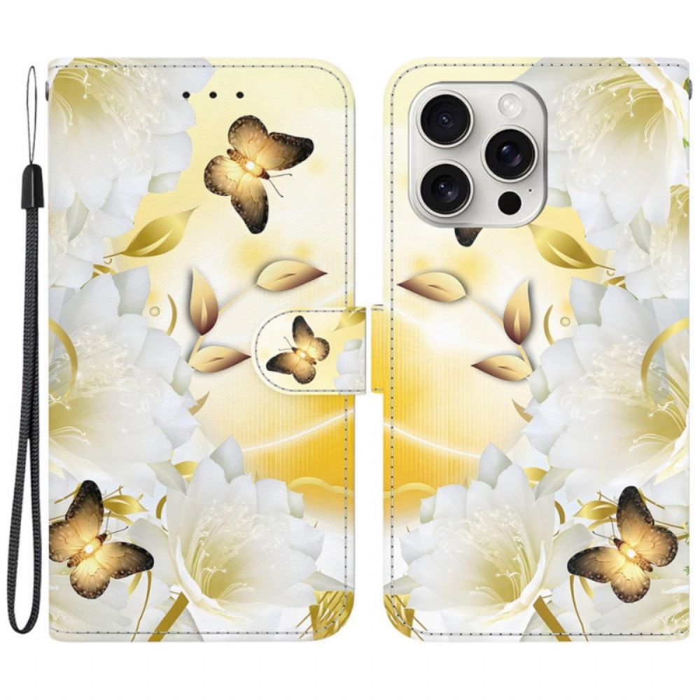 Leren Hoesje Voor iPhone 16 Pro Gouden Vlinders En Witte Bloemen Met Riempje