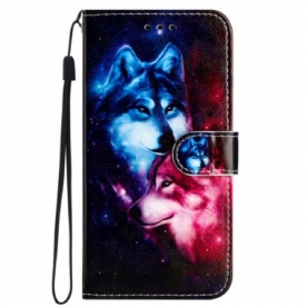 Leren Hoesje Voor iPhone 16 Pro Lanyard Wolven