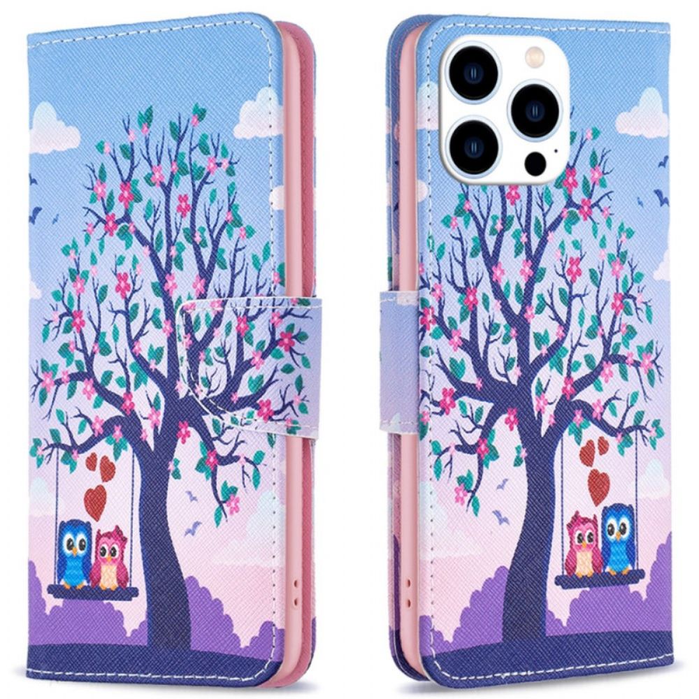 Leren Hoesje Voor iPhone 16 Pro Twee Uilen