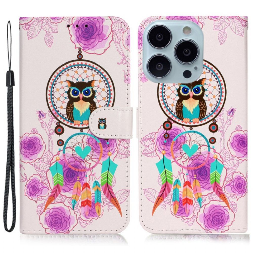 Leren Hoesje Voor iPhone 16 Pro Uil Dromenvanger Met Riem