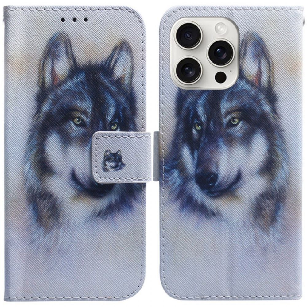 Leren Hoesje Voor iPhone 16 Pro Waterverfwolf