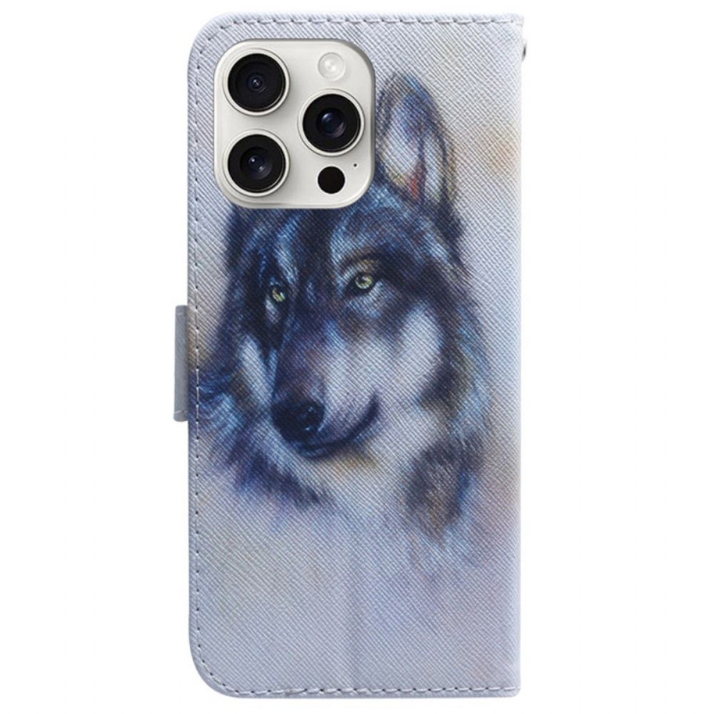 Leren Hoesje Voor iPhone 16 Pro Waterverfwolf