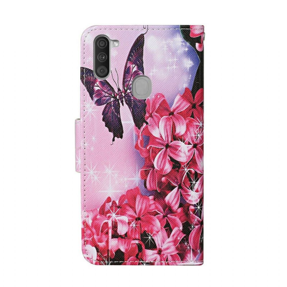 Leren Hoesje voor Samsung Galaxy M11 Bloemen Vlinders Band