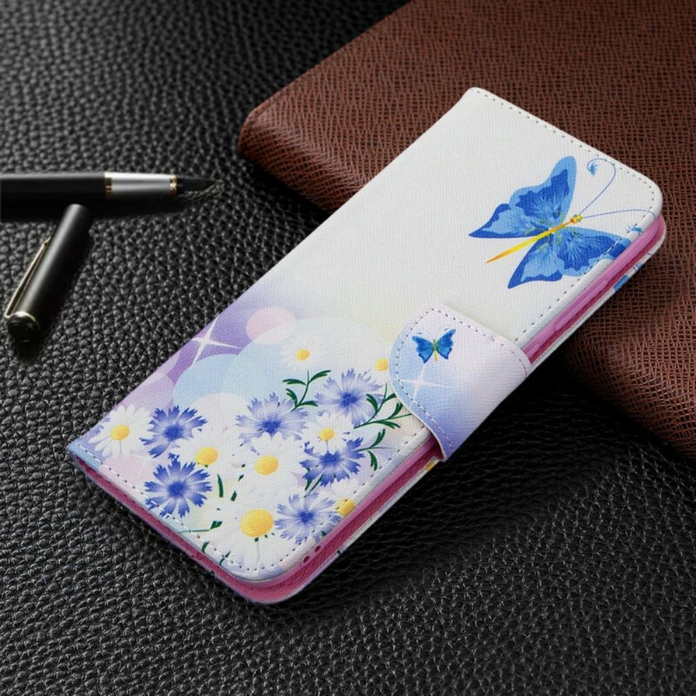 Leren Hoesje voor Samsung Galaxy M11 Geschilderde Vlinders En Bloemen