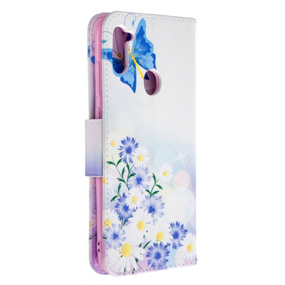 Leren Hoesje voor Samsung Galaxy M11 Geschilderde Vlinders En Bloemen