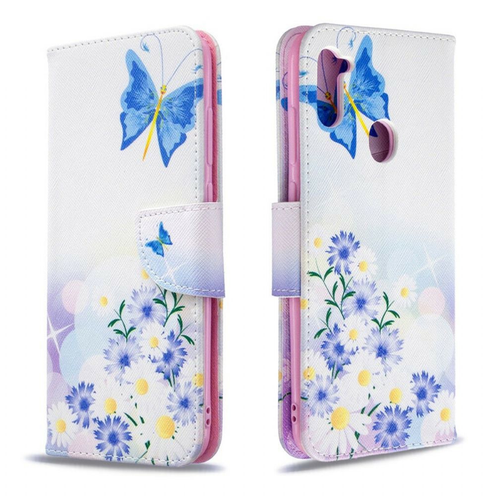 Leren Hoesje voor Samsung Galaxy M11 Geschilderde Vlinders En Bloemen