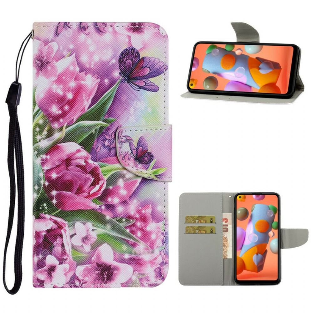 Leren Hoesje voor Samsung Galaxy M11 Vlinders En Tulpen