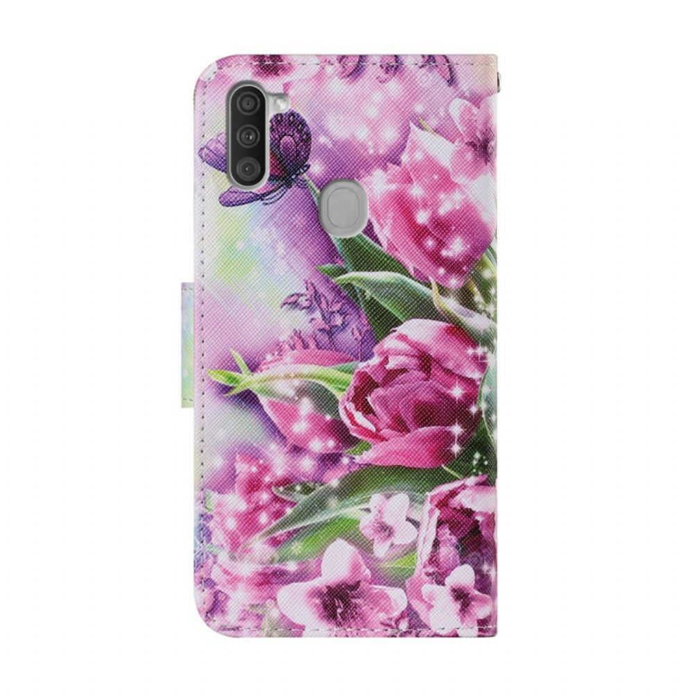 Leren Hoesje voor Samsung Galaxy M11 Vlinders En Tulpen