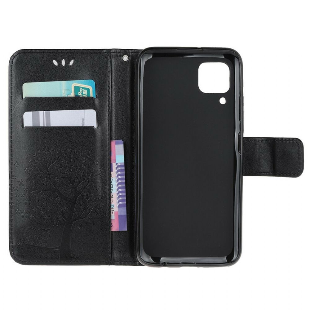 Flip Case voor Huawei P40 Lite Met Ketting Boom En Uilen Met Bandjes