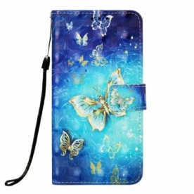 Folio-hoesje voor Samsung Galaxy A30 / A20 Met Ketting Gouden Vlinders Met Riem