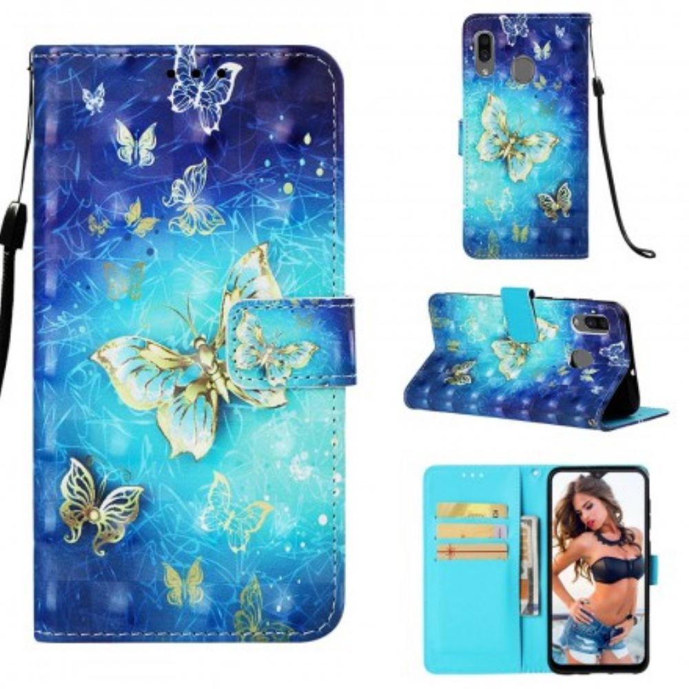 Folio-hoesje voor Samsung Galaxy A30 / A20 Met Ketting Gouden Vlinders Met Riem