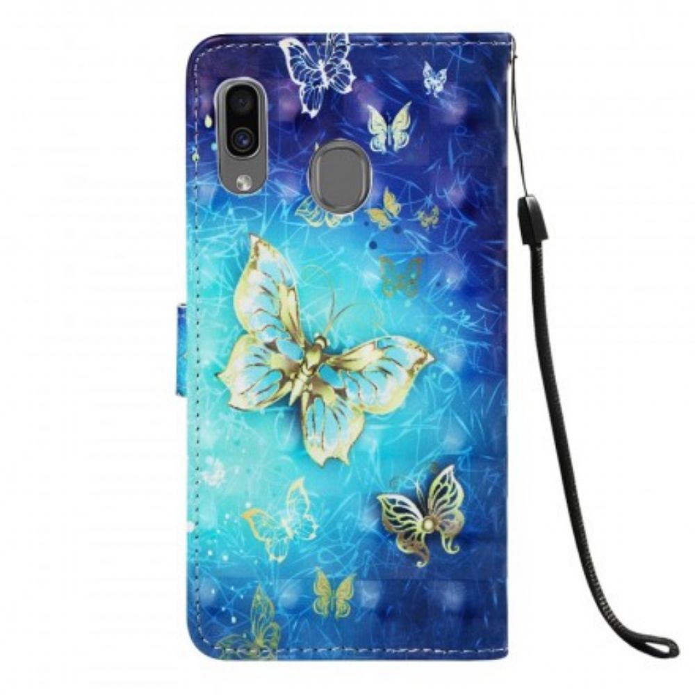 Folio-hoesje voor Samsung Galaxy A30 / A20 Met Ketting Gouden Vlinders Met Riem