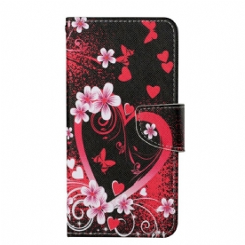 Folio-hoesje voor iPhone 13 Pro Bloemen En Harten Met Lanyard