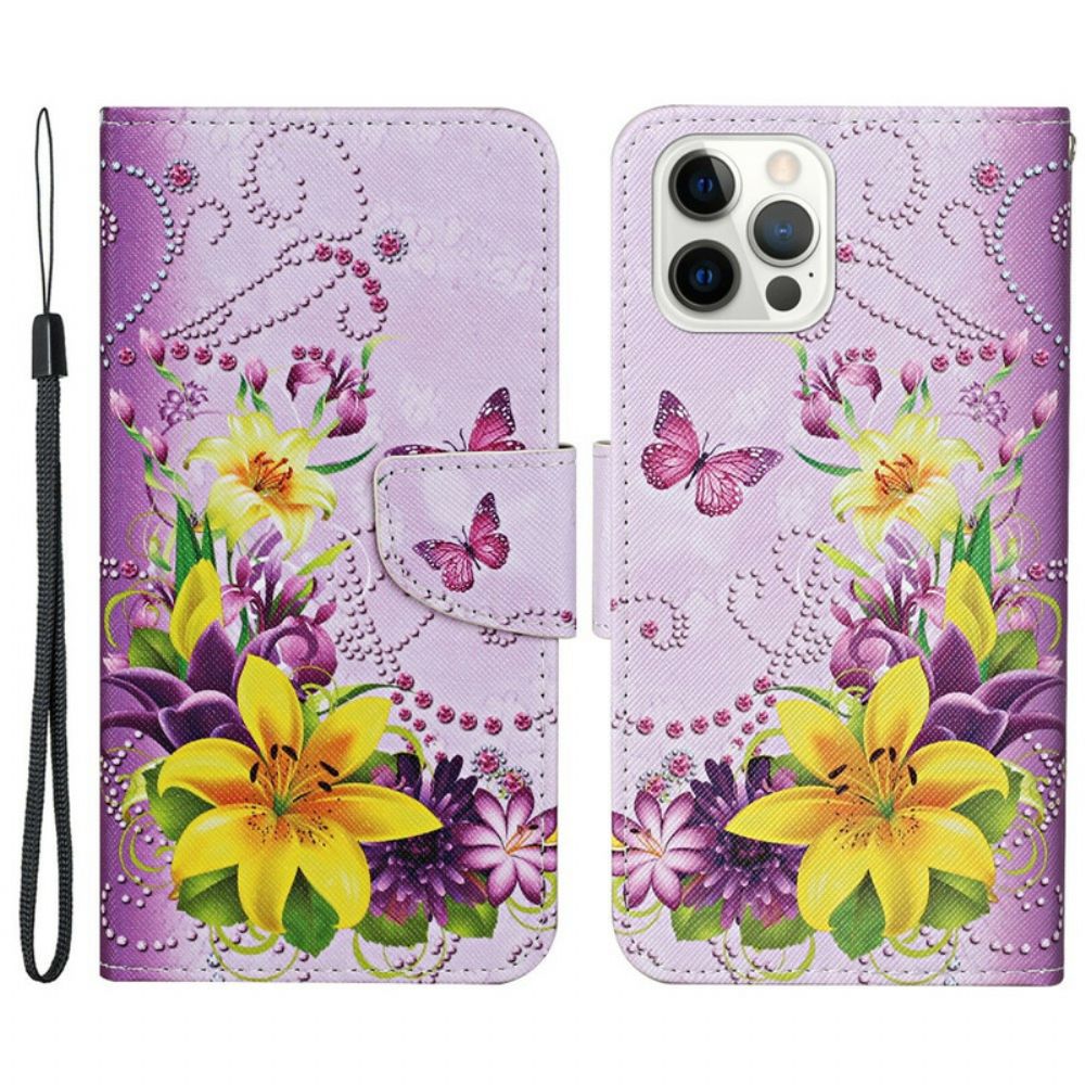 Folio-hoesje voor iPhone 13 Pro Meesterlijke Bloemen Met Riem