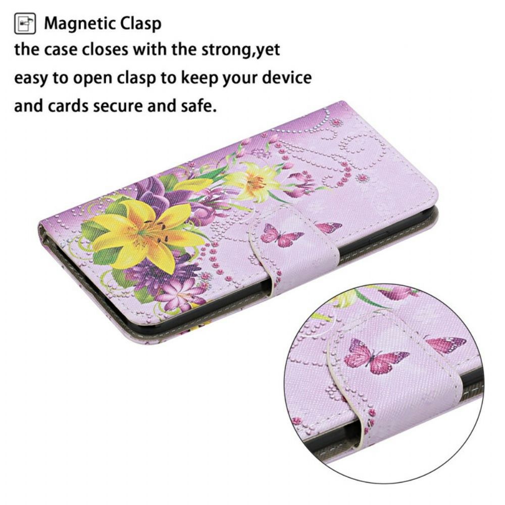 Folio-hoesje voor iPhone 13 Pro Meesterlijke Bloemen Met Riem