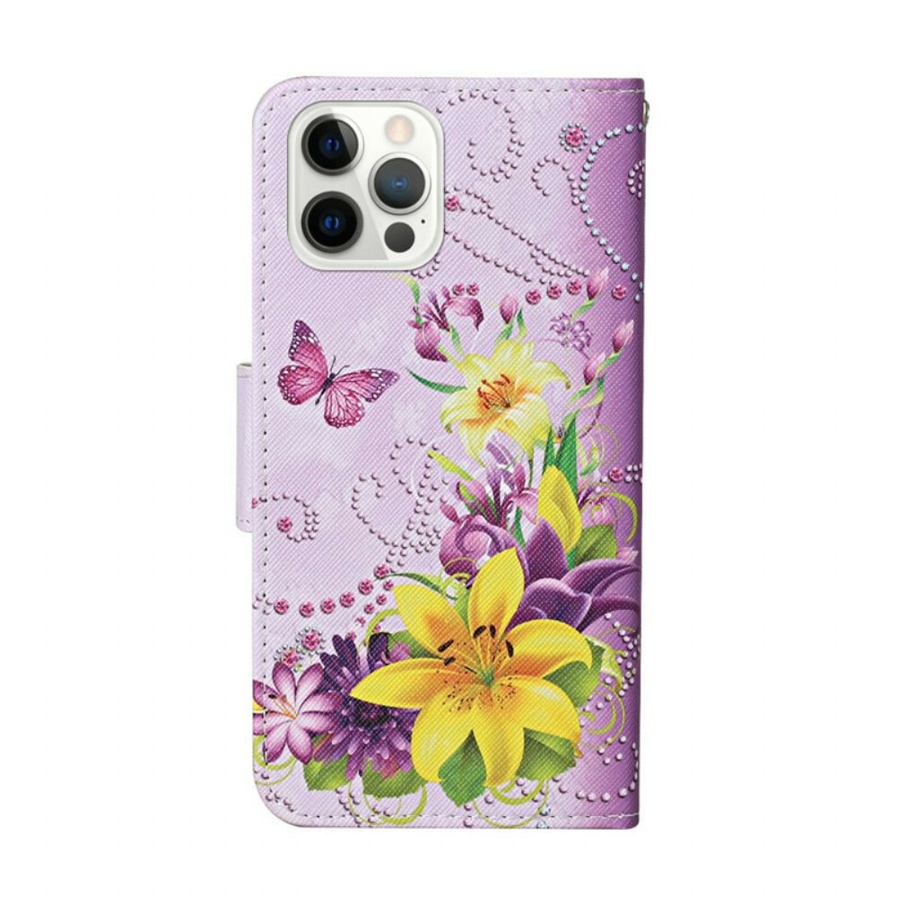 Folio-hoesje voor iPhone 13 Pro Meesterlijke Bloemen Met Riem