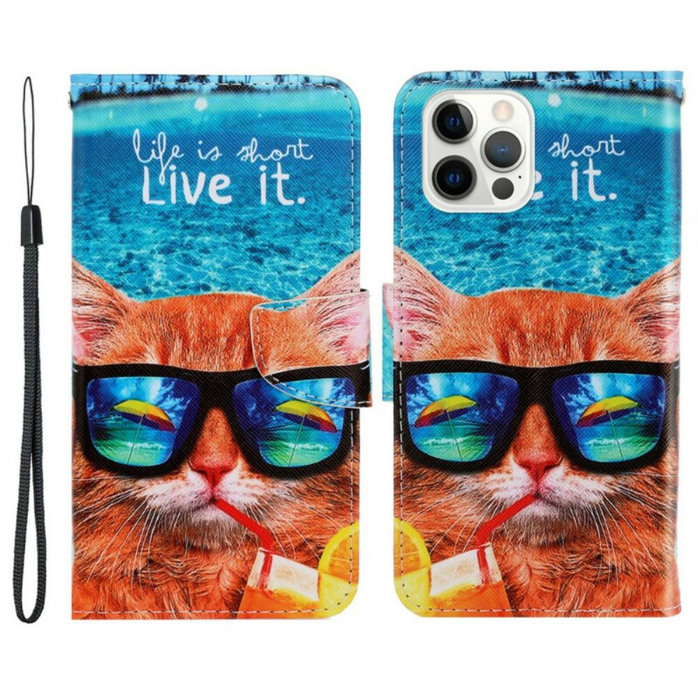 Folio-hoesje voor iPhone 13 Pro Met Ketting Cat Live It Strappy