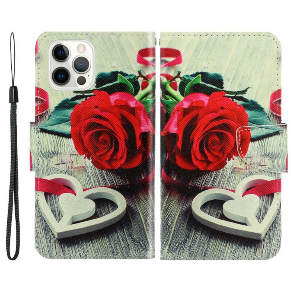 Folio-hoesje voor iPhone 13 Pro Met Ketting Romantische Roos Met Bandjes