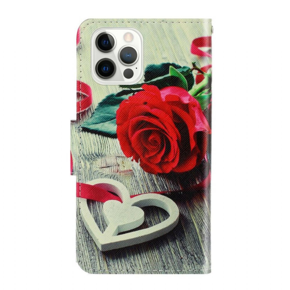 Folio-hoesje voor iPhone 13 Pro Met Ketting Romantische Roos Met Bandjes