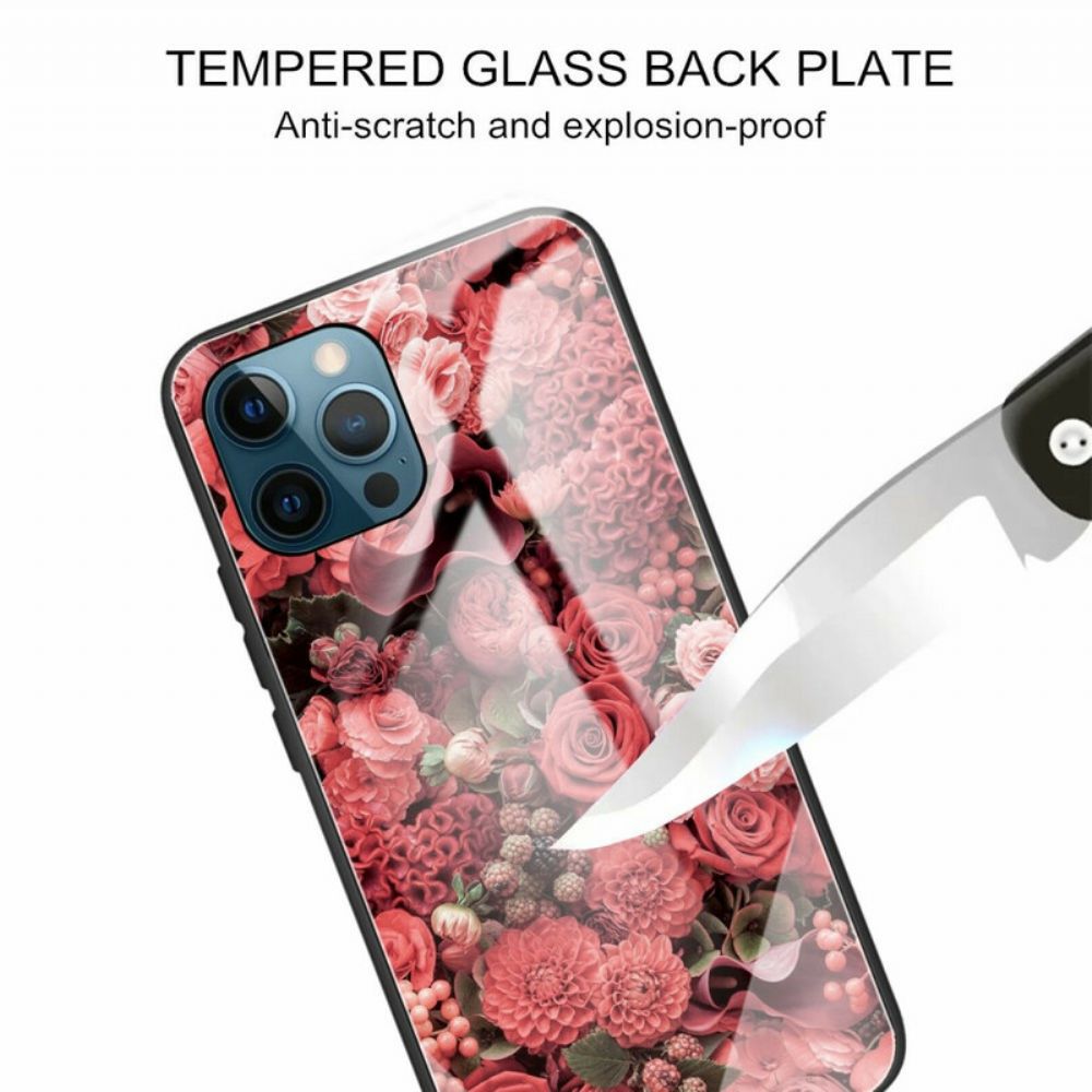 Hoesje voor iPhone 13 Pro Gehard Glas Roze Bloemen