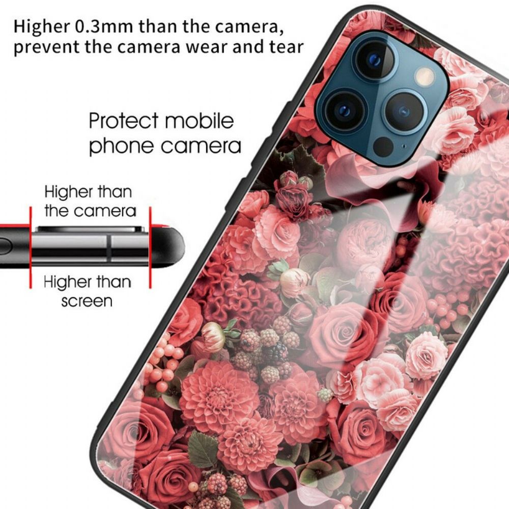 Hoesje voor iPhone 13 Pro Gehard Glas Roze Bloemen