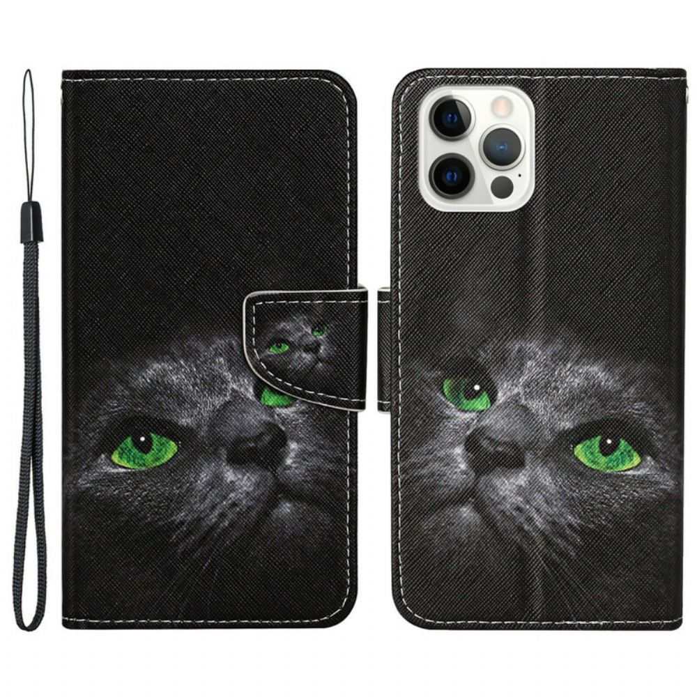 Leren Hoesje voor iPhone 13 Pro Groene Kattenogen Met Koord