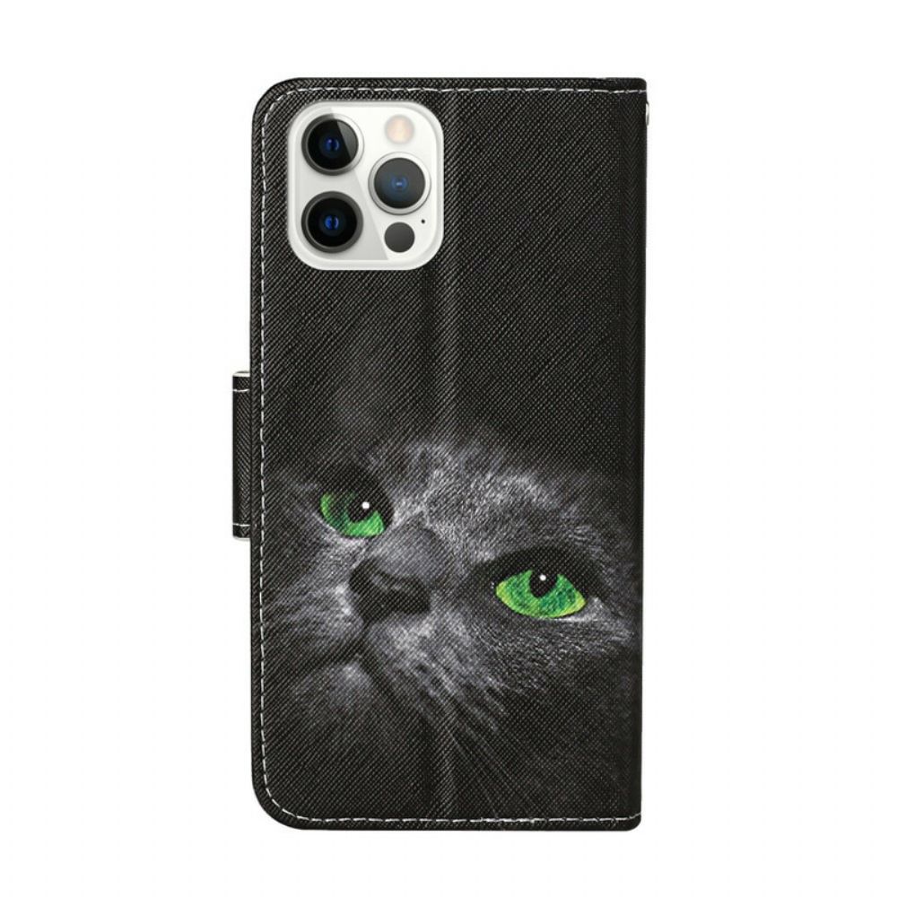 Leren Hoesje voor iPhone 13 Pro Groene Kattenogen Met Koord